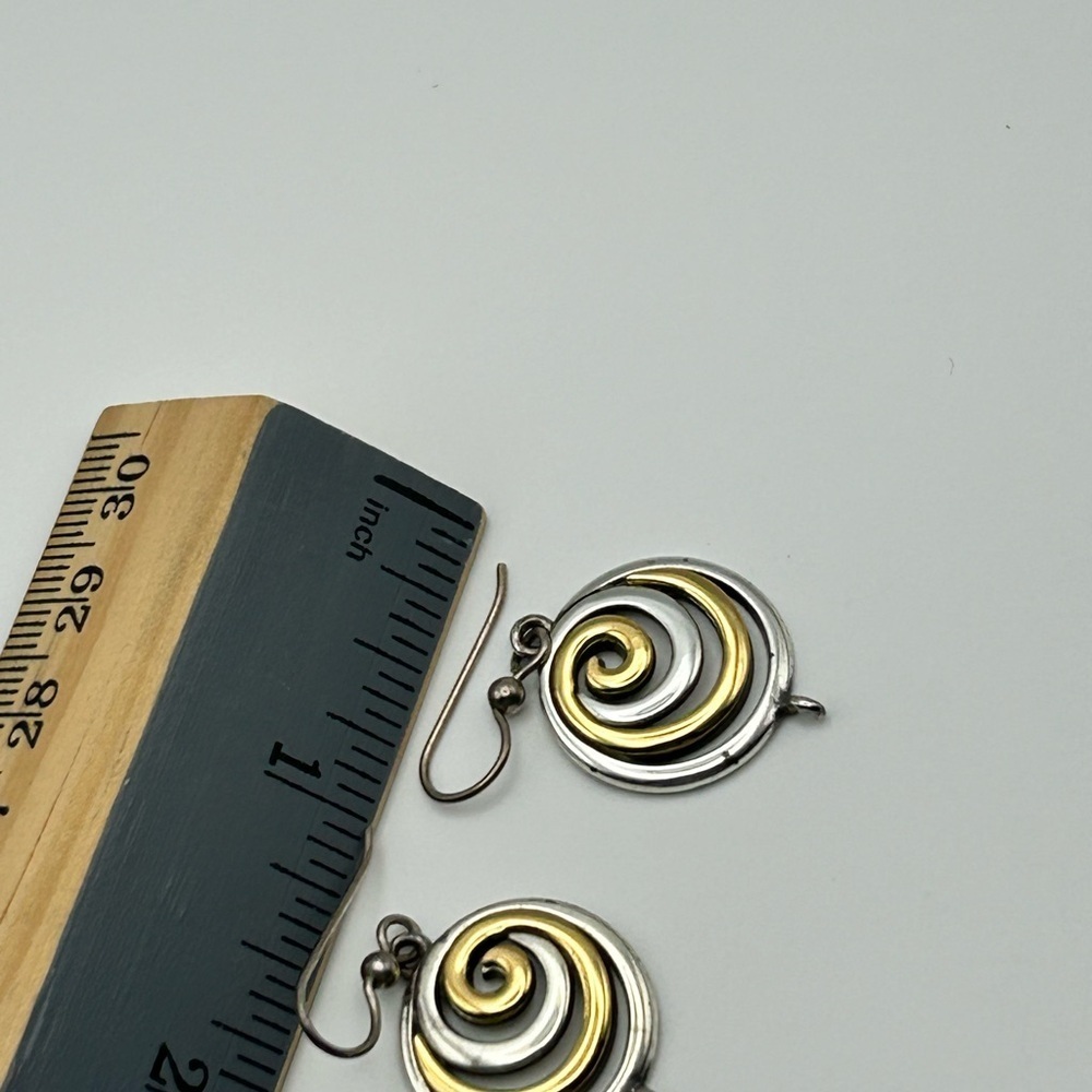 Two-Tone Spiral Earrings Gold Silver Plated 3/4"D Drop French Wire - Picture 6 of 8